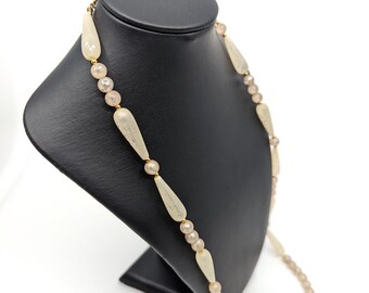 Vintage 1960s White Beaded Long Necklace: Cream Stone, Silver Splatter