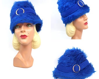 Vintage 1960s Duchess Italian Blue Faux Fur Bucket Hat + Ribbon Bow Applique VTG Faux Fur Hat Ribbon Bucket 50s 60s Duchess Italy Unisex  main image 3