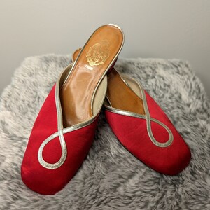 Vintage 1950s 1960s Heels, 1960s ' CHEZ SOI ' Paris Heels ,French Red Satin & Gold Mules , Vintage red shoes, image 4