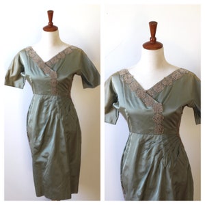 Vintage 1950s Green Satin Cocktail Dress: Guipure Lace, Size S