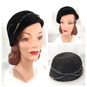 Vintage 50s Black Hat 1950s Fur Felt Bucket Hat plastic Brass Trim 50s winter hat Vintage Pill Box hat