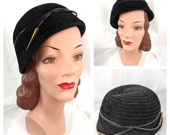 Vintage 50s Black Hat 1950s Fur Felt Bucket Hat plastic Brass Trim 50s winter hat Vintage Pill Box hat
