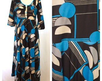 Vestido largo geométrico azul vintage de los años 60: estilo mod vintage, talla L/XL