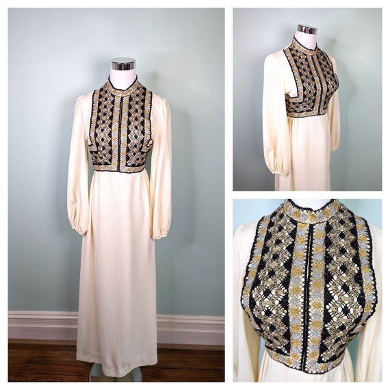 Buy Vintage 1970s Cream Crochet Maxi Dress: Embroidered Gold Lurex Bib, Size XS/S Online in India - Etsy Buy Vintage 1970s Cream Crochet Maxi Dress: Embroidered Gold Lurex Bib, Size XS/S Online in India - Etsy