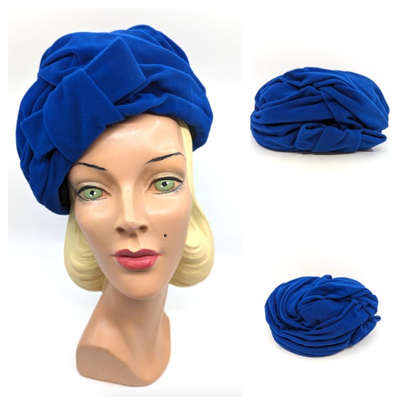 Vintage 1950s Velvet Hat , 50s Blue Velvet Hat, V… - image 1