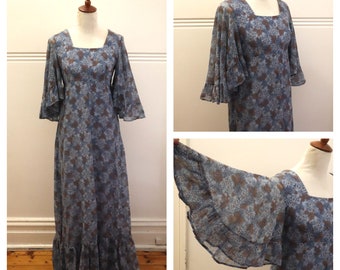 Vintage 1970s Blue Richard Shops Floral Maxi Dress: Angel Sleeve Cotton Prairie Style SM
