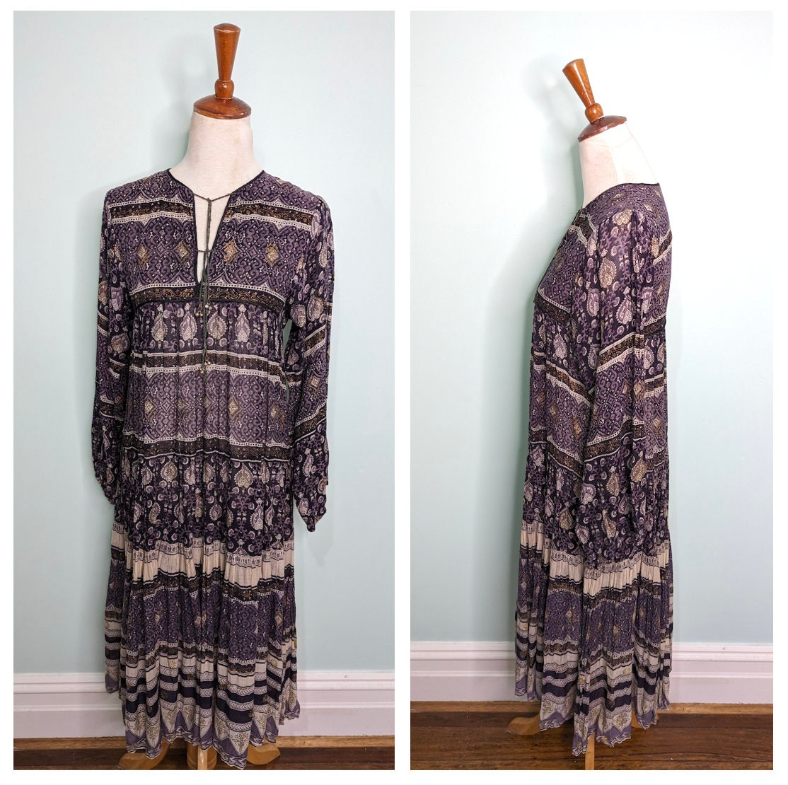 Vintage 1970s Black Cotton Gauze Dress: Block Print Boho Hippie, Size S