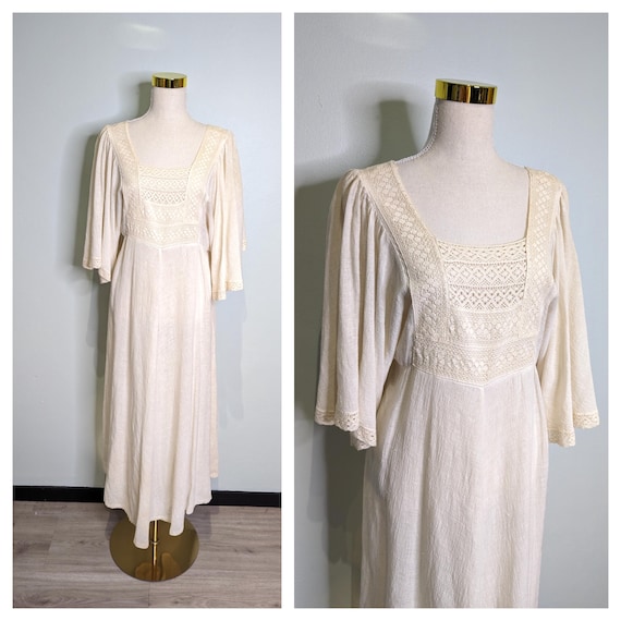 Vintage 1970s Maxi Dress Cream Cheesecloth Angel sleeve Crochet Summer Boho Dress Size M/L