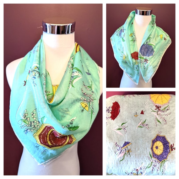 Vintage 1950s Novelty Scarf , 50s  Aqua Umbrella … - image 1