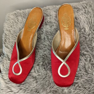 Vintage 1950s 1960s Heels, 1960s ' CHEZ SOI ' Paris Heels ,French Red Satin & Gold Mules , Vintage red shoes, image 2