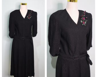 Vintage 1940s Black Crepe Evening Dress: Sequin Corsage Detail, Size XS/S