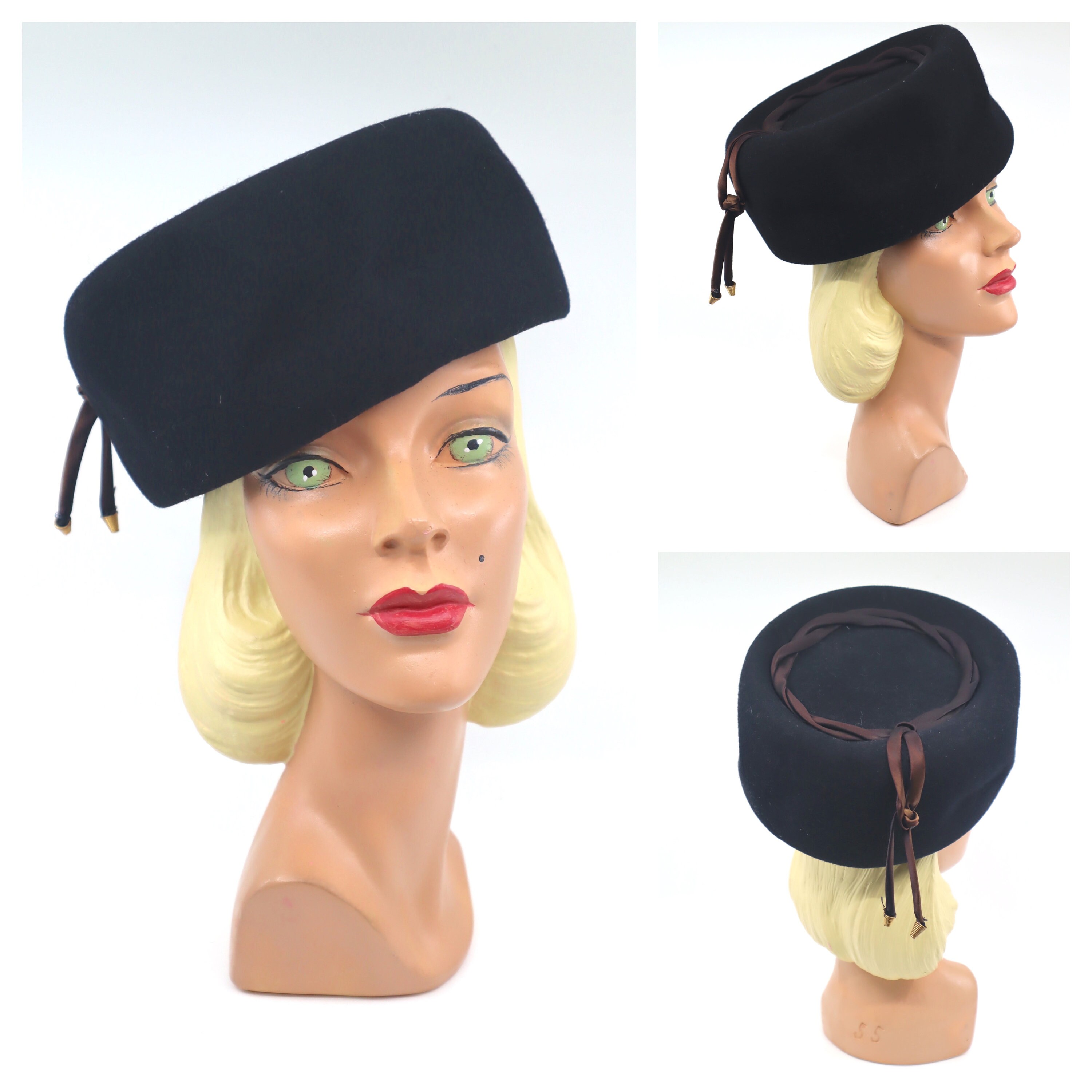 Vintage 1960s Black Fur Felt Pillbox Helmet Hat Mod Style Vintage Black Lamb Fur Pillbox Hat, Vintage Hat, Vintage  main image 2