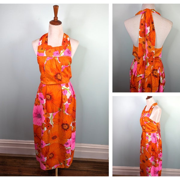 Vintage 1960er Kleid, 60er Psychedelisches Kleid, 60er Blumen Kleid, 60er Blumen Kleid, Orange Rosa Kleid mit Mohndruck, Neckholder Kleid Größe S