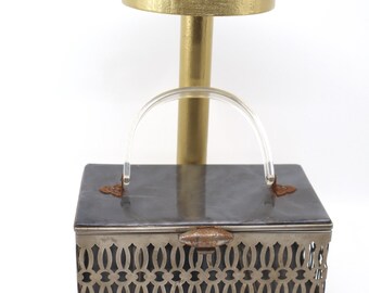 Vintage Lucite Box-väska från 1950-talet: Grå marmor, utskuren metallgitterväska i pinup-stil