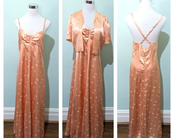Vintage 1930s Dress, 1930s Peach Satin Evening Dress/ Jacket , 1930s Art Deco Dress, 1940s Dress , Old Hollywood Gown - Size S
