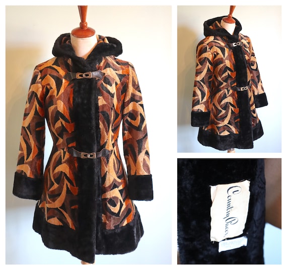Vintage 1960s Country Pacer Geometric Carpet Coat: Faux Fur 70s