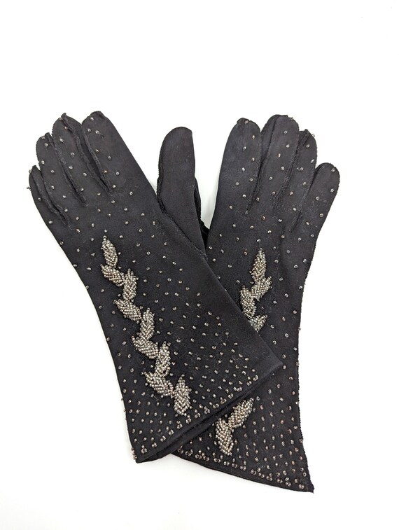 Vintage 50s 60s Gloves, 1950s Silver Beaded Black… - image 3