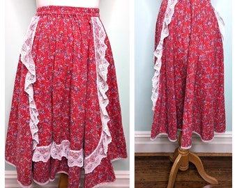 Vintage 70s Skirt 1970s Floral Prairie Skirt 1970s Gunne Sax Style Red Floral Skirt Vintage Lace Skirt Cottage Core Skirt Size S/M