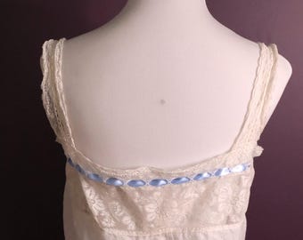 Antique Edwardian Lace Corset Cover: Blue Ribbon Cami, Size