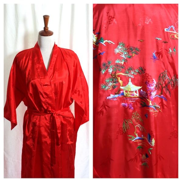 Robe de chambre vintage des années 60, 70, robe de chambre en satin des années 1960, robe en satin « abeille », kimono brodé oriental rouge, robe BNWT taille L