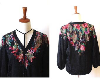 Vintage 1970s 1980s  Blouse, ' DIANE FREIS' Blouse 1980s Silk Blouse Colourful Floral Patchwork Bohemian Applique Balloon Sleeve Blouse M/L