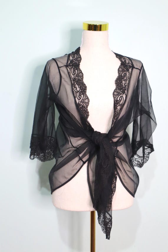 Vintage 1970s Black Sheer Lace Robe: Tie Front Lingerie, One Size