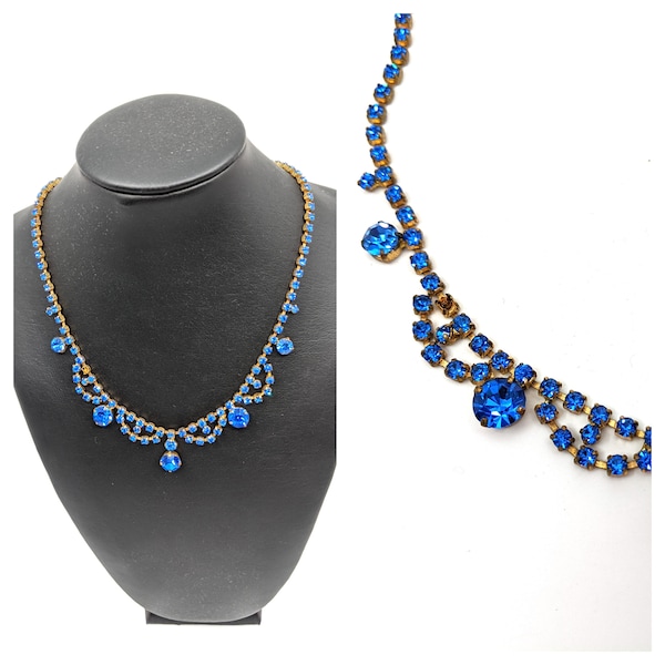 Vintage 1950s Blue Rhinestone Necklace,  Cobalt Blue Necklace, 50s Cocktail Necklace, Art Deco Necklace , Old Hollywood Costume Jewellery