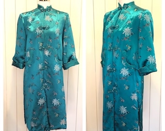 Vintage Teal Satin Embroidered Peony Coat: 1960s Oriental Jacket, Size M