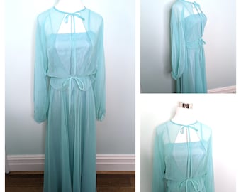 Vintage 70s Prom Dress ' Mary Charmaine " Aqua 1970s Sheer Maxi Dress Chiffon Summer Gown with matching Blouse Size /XS