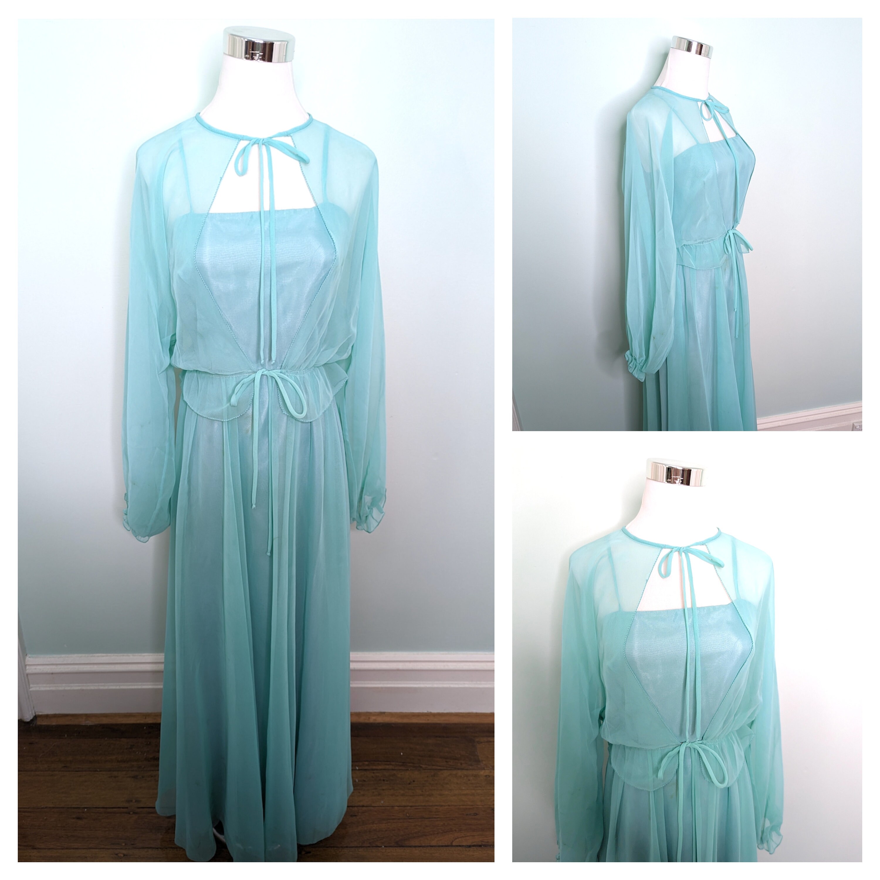 Vintage 1970s Prom Dress, &#39; Mary Charmaine &quot;, Aqua 70s Sheer Maxi Dress, Chiffon Summer Gown ,with matching Blouse Size /XS