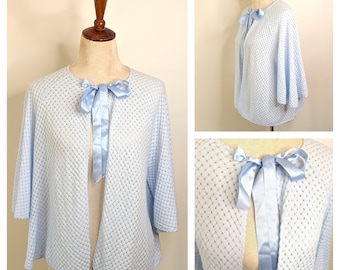 Vintage 1960s Pale Blue Bed Jacket, 60s Knitted bed jacket, Vintage sleepwear, Satin Ribbon Tie Front - Size L/ One Size