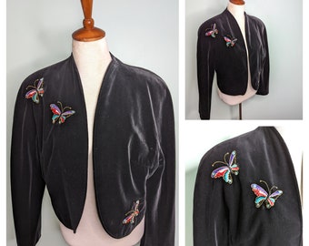 Vintage 1980s Black Velvet Bolero Jacket: Butterfly Appliqués, Size M/L
