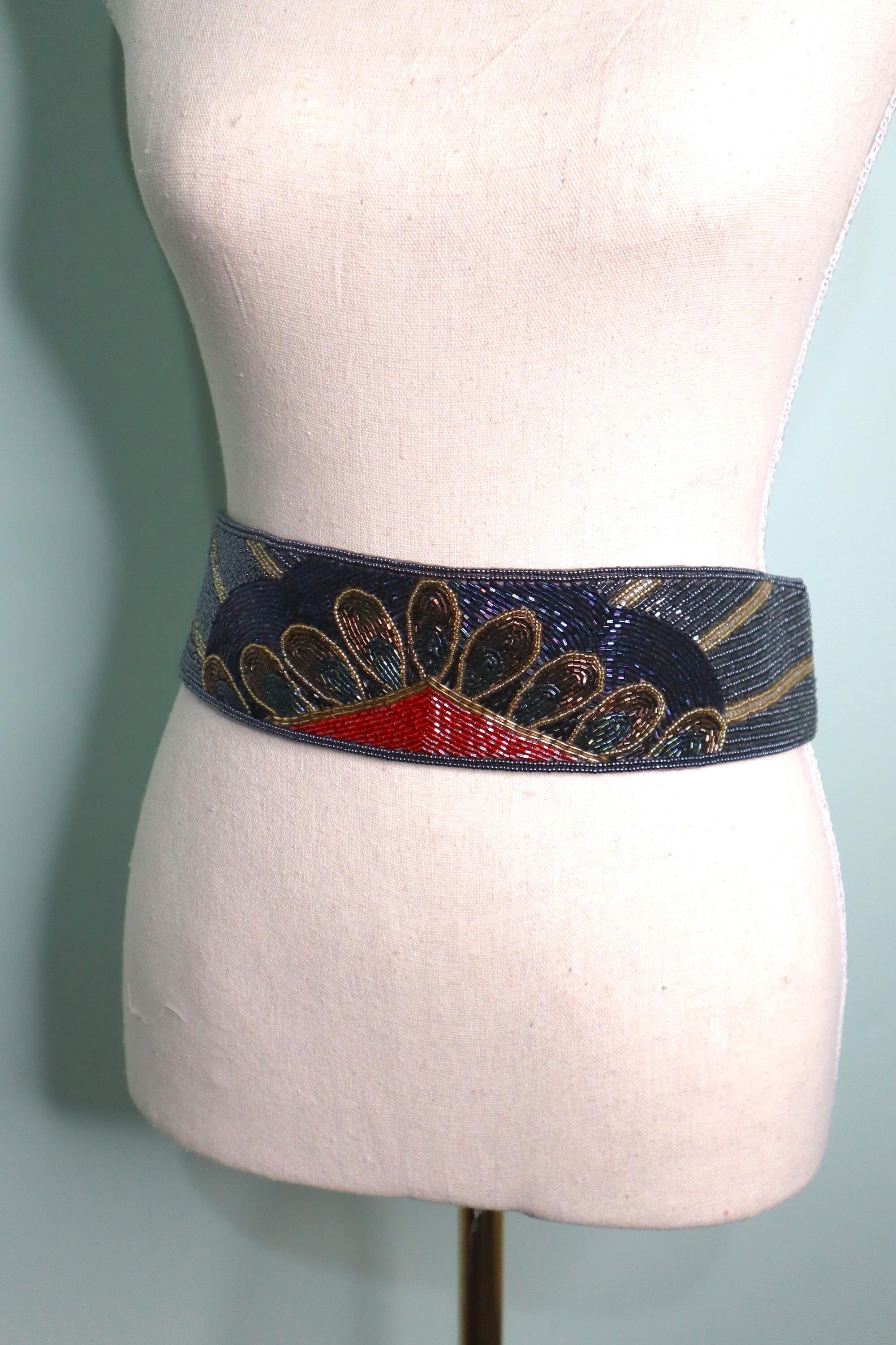 Vintage 1980s Beaded Cinch Belt: Peacock Colourful Glass  display picture 2