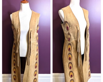 Vintage 60s 70s Suede Vest ' Geppetto " Suede Leather Hippie Woodstock Peacock Vest Waistcoat size S