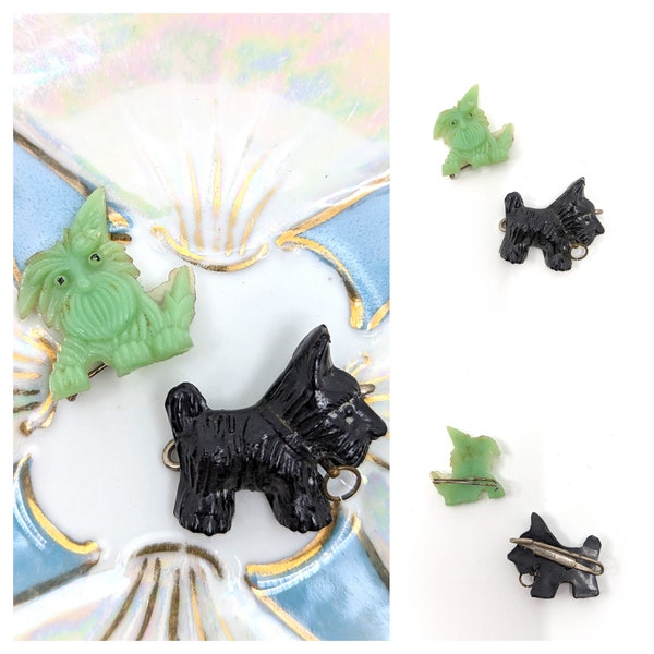 Vintage 1940s Celluloid Dog Brooches , Scotty Dogs Brooch,  Early Plastic Carved Celluloid Brooch, Dog Lovers ,  Novelty Brooch