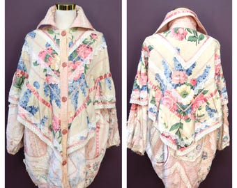 Vintage 1980s Pink Patchwork Jacket: Evelyn Neis Artisan Lace Embroidered Bohemian - Size L/XL