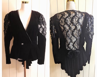 Vintage 1980s Black Velvet & Lace Jacket: Young Edwardian Gothic Evening Blazer, Size L