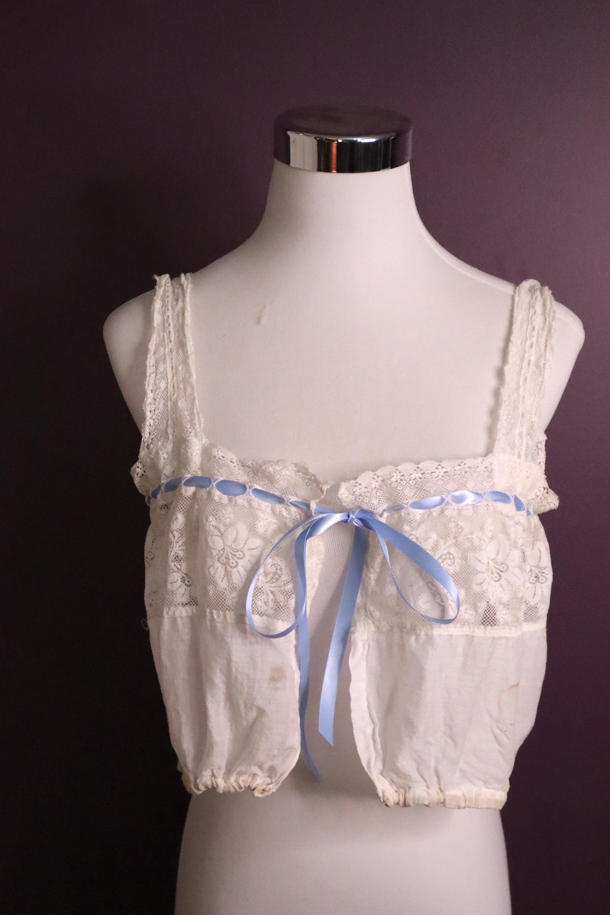 Antique 1900s Edwardian Lace Corset Cover: Blue Ribbon Cami, Size