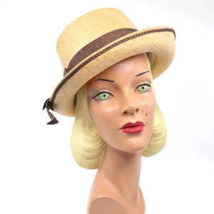 Vintage 60er 70er Jahre Fedora Hut aus Stroh , 1960er Jahre Retro Ripsband Sonnenhut braun,
