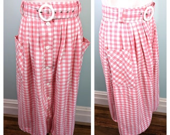 Vintage 80s 90s Skirt 1980s  Pink Gingham Skirt  80s Summer cotton skirt with Huge pockets Bardot Skirt Style Retro Picnic Size M