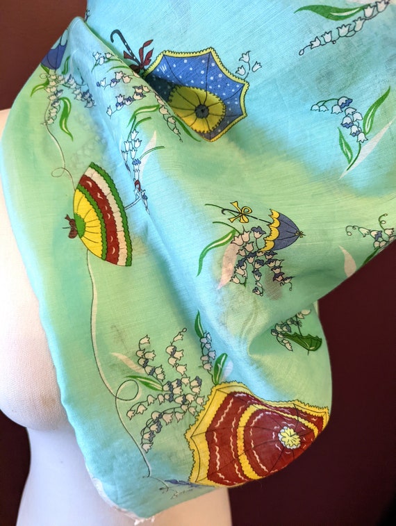 Vintage 1950s Novelty Scarf , 50s  Aqua Umbrella … - image 4