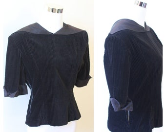 Vintage 1930s Blouse, 1940s Blouse , 40s Black Corduroy, Sailor Collar Half Sleeve Top Vintage Blouse/ Size S-M