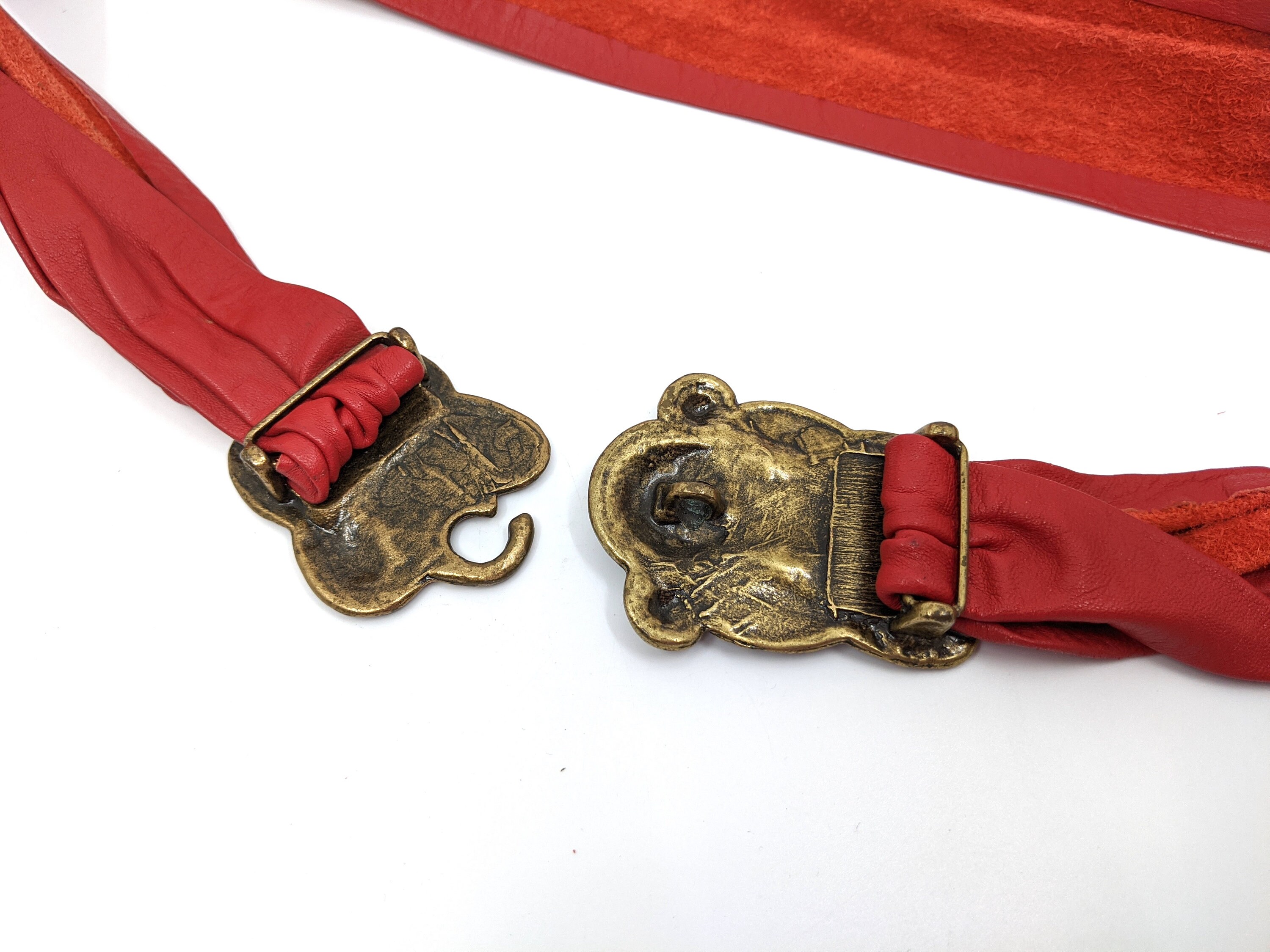 Vintage 1980s Red Leather Belt: Brass Buckle Boho Statement  display picture 1