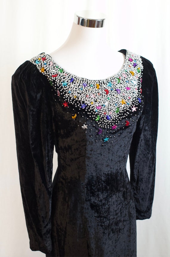 Vintage 1980s Velvet Dress, 1980s Black Embellish… - image 9
