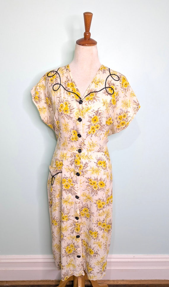 Vintage 1940s Dres, 1950s Yellow Dress,  40s  Flo… - image 10