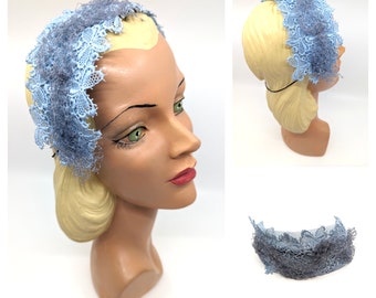 Vintage 50s 60s Blue Lace Half Hat 1950s Lace Headpiece Bandeau 60s Bridesmaid Headpiece  Guipure Lace