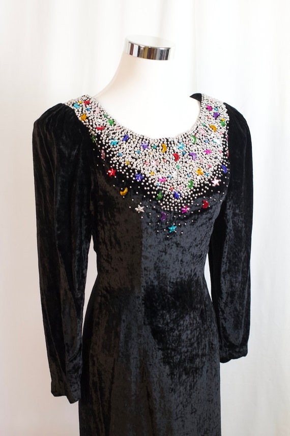 Vintage 1980s Velvet Dress, 1980s Black Embellish… - image 3