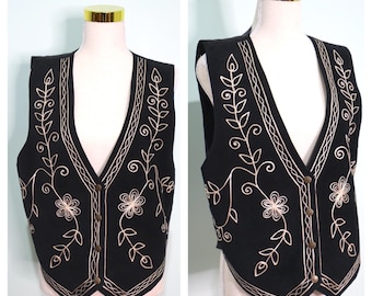 Vintage 1990s Black Suede Embroidered Vest | Boho Indian Style | Size M