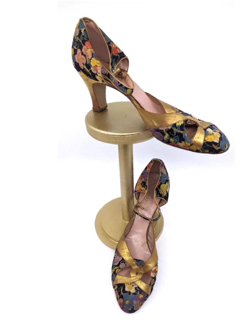 Vintage 1920s 1930s Art Deco Floral Lame Heels: Gold Leather Flapper ...