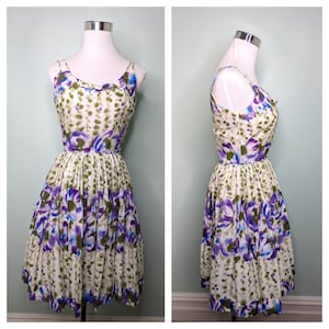 Vestido de verano vintage de algodón con estampado floral, estilo años 50/60: estampado morado y verde, talla XS